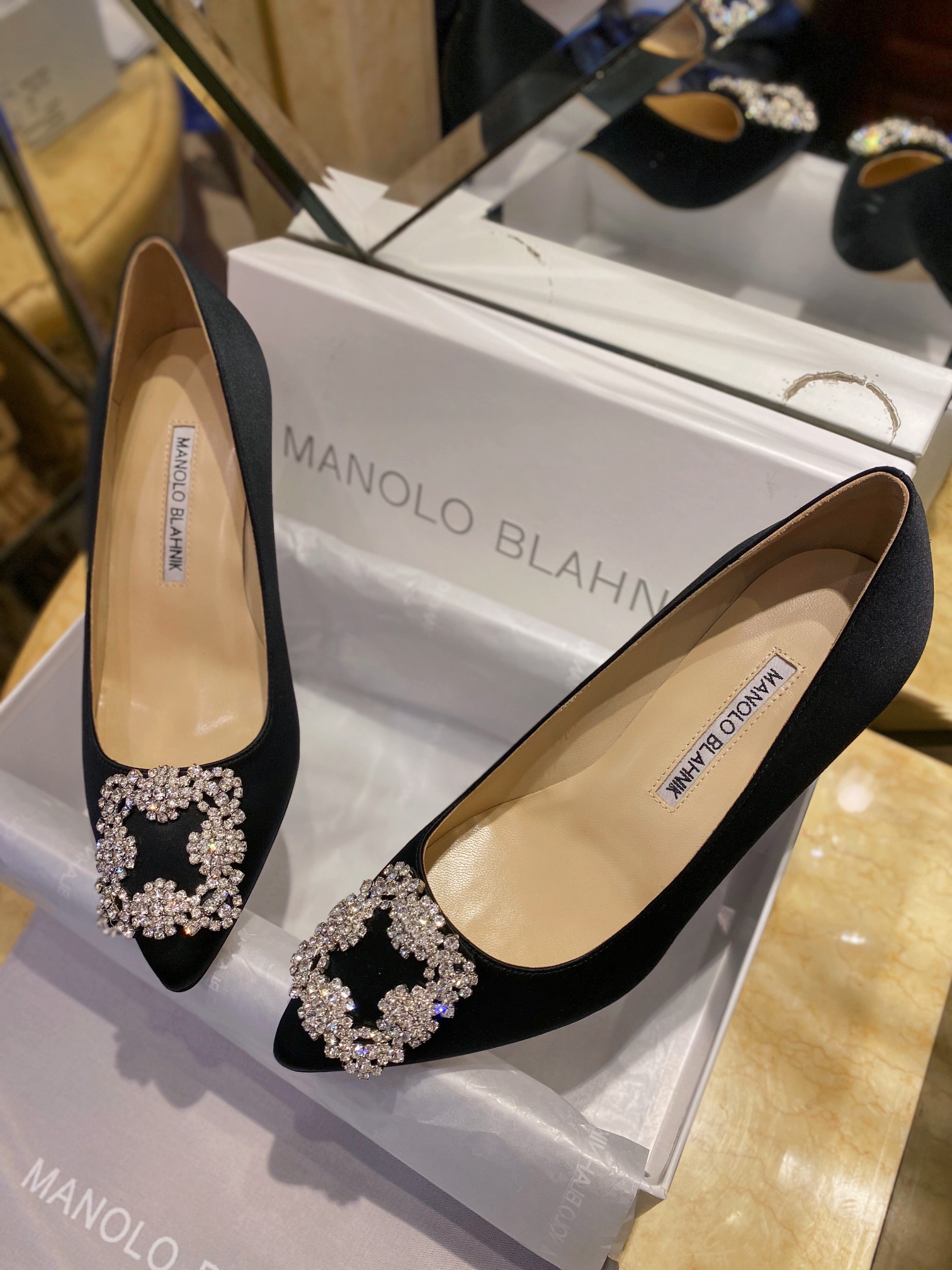 Manolo Blahnik Black Silk White Crystal 7cm High Heels