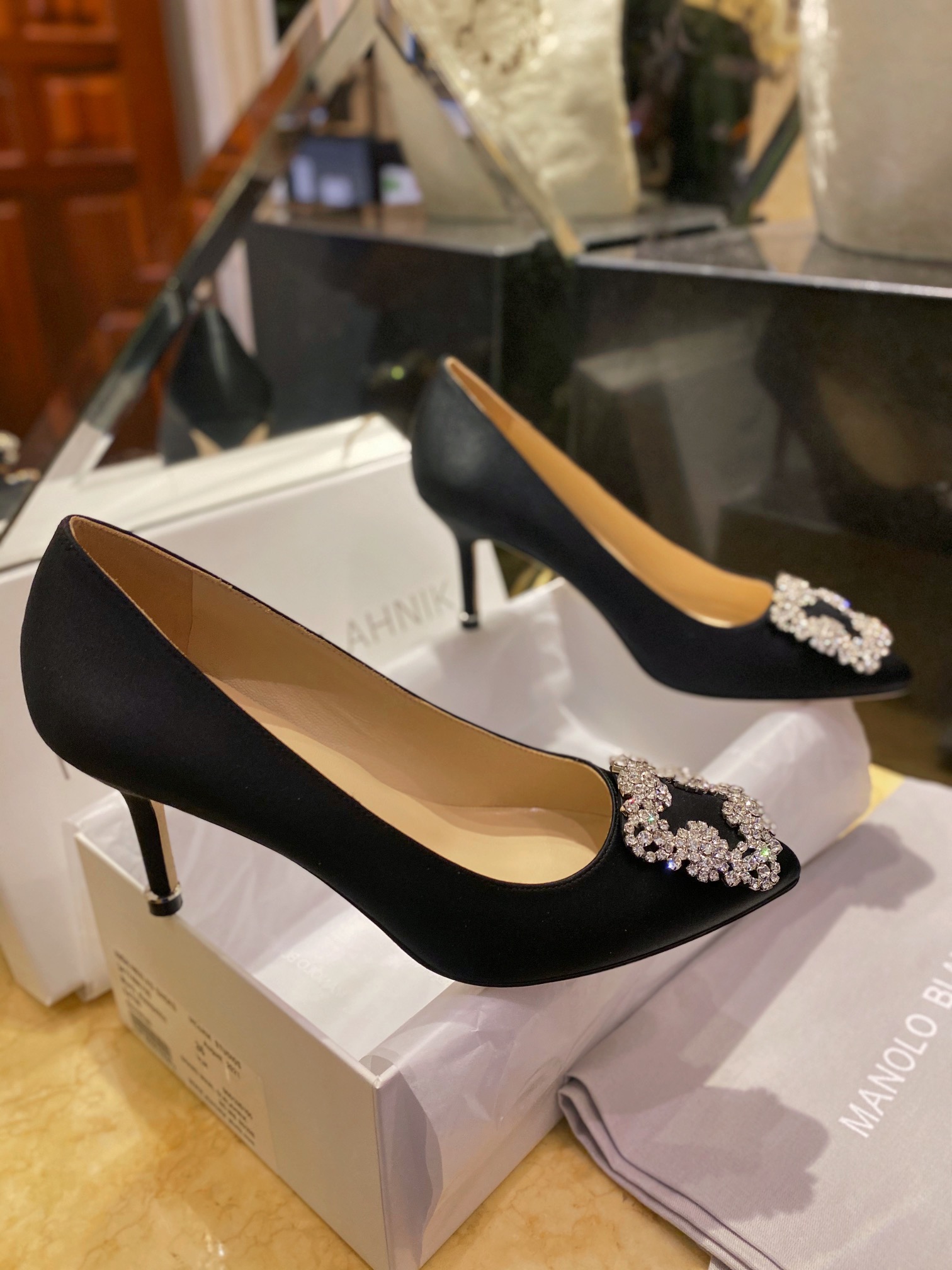 Manolo Blahnik Black Silk White Crystal 7cm High Heels