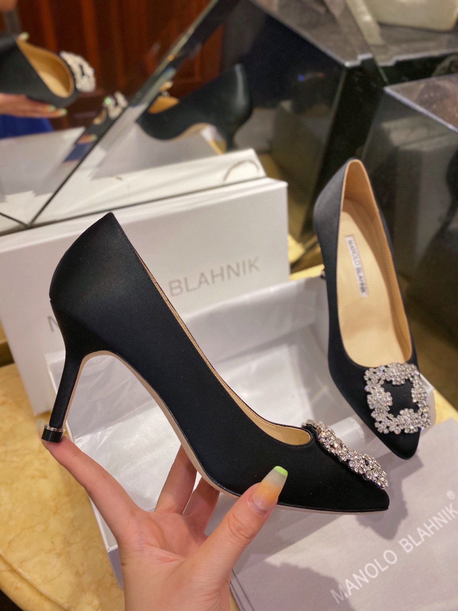 Manolo Blahnik Black Silk White Crystal 7cm High Heels