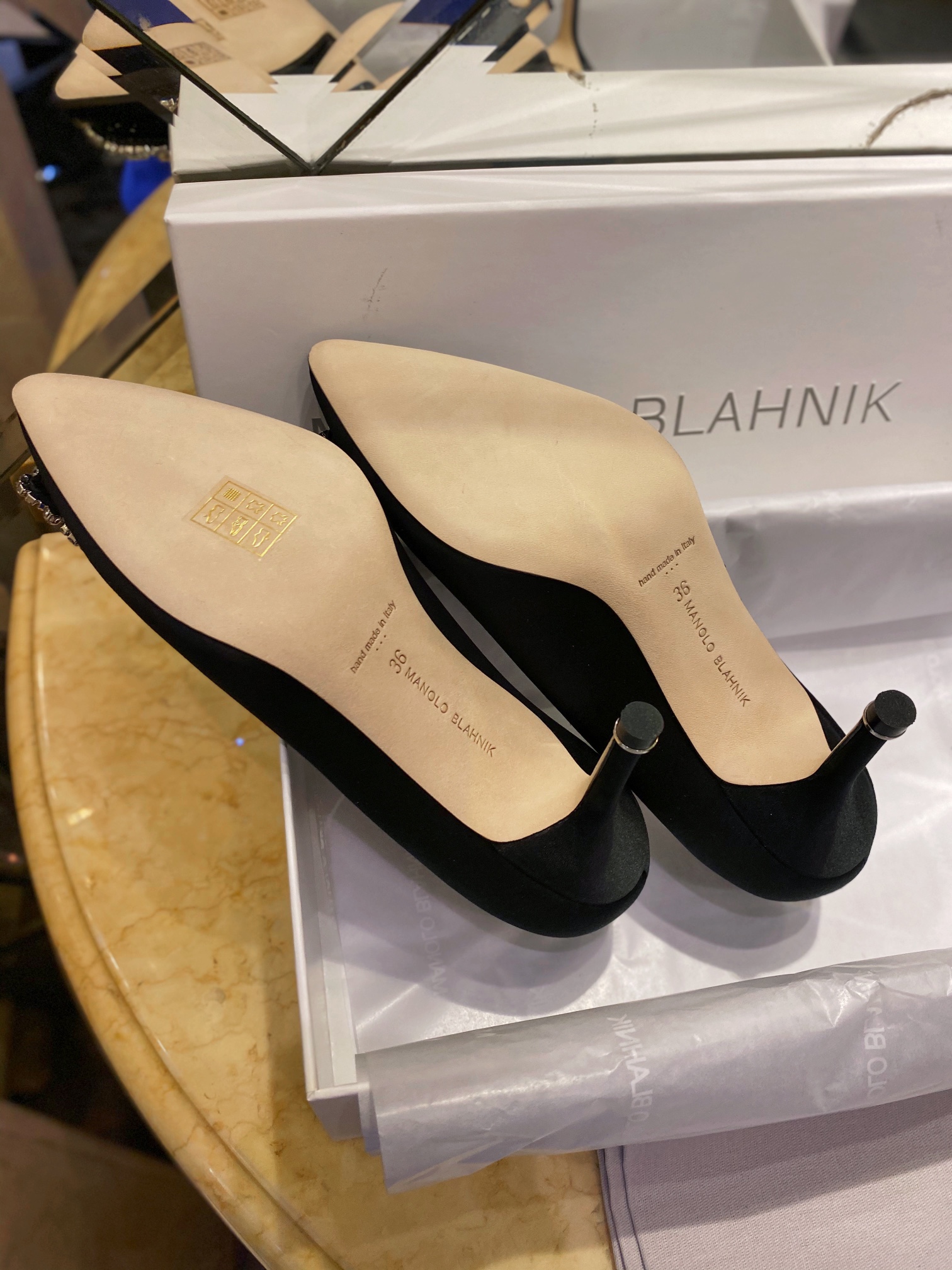 Manolo Blahnik Black Silk White Crystal 7cm High Heels