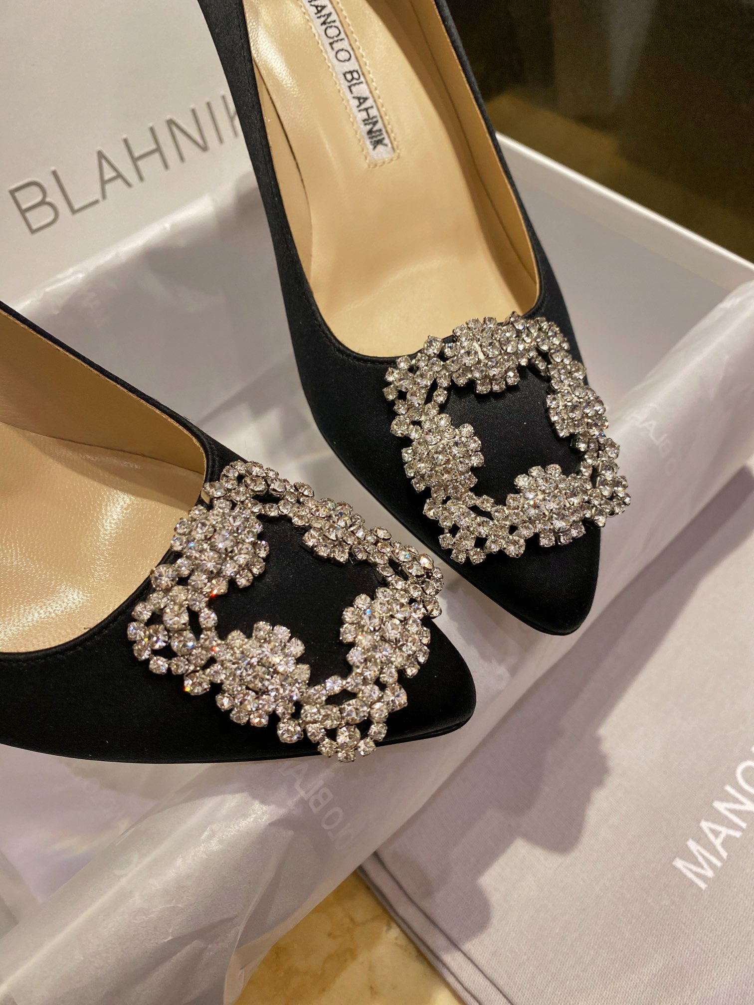 Manolo Blahnik Black Silk White Crystal 7cm High Heels