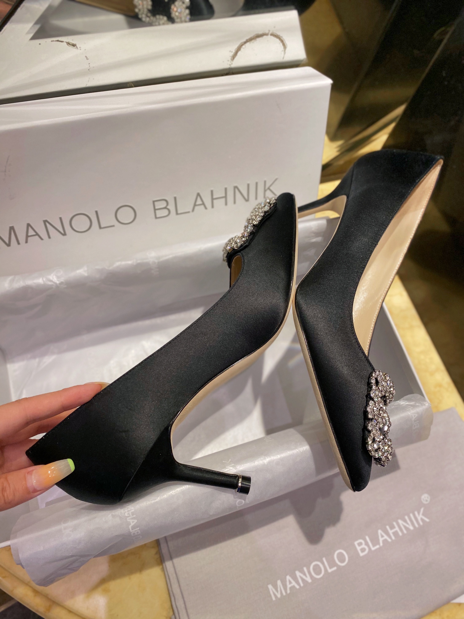 Manolo Blahnik Black Silk White Crystal 7cm High Heels