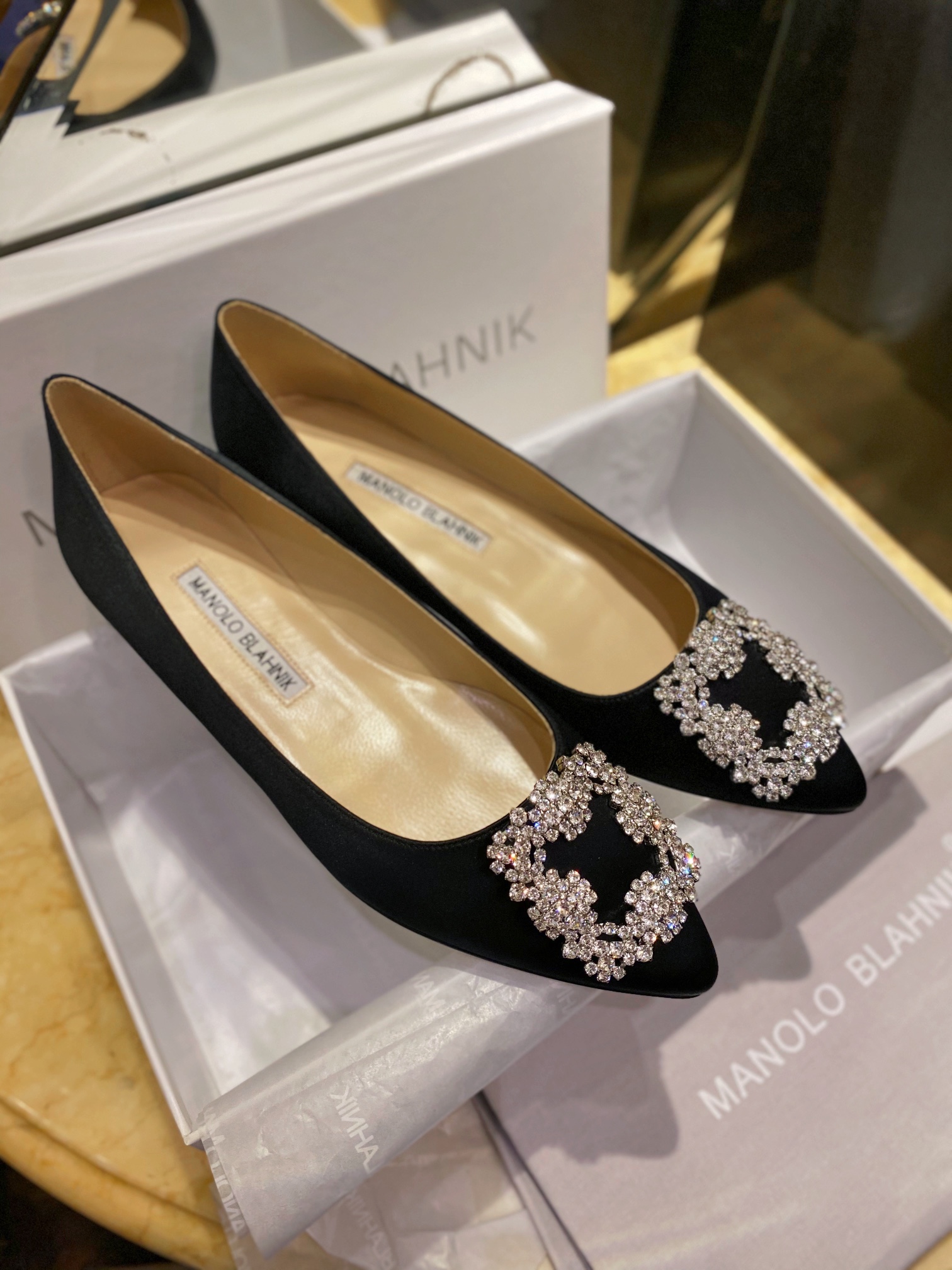 Manolo Blahnik Black Silk White Crystal Flat Shoes