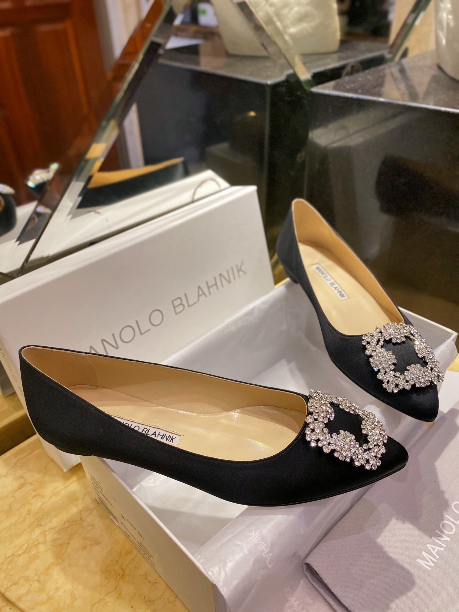 Manolo Blahnik Black Silk White Crystal Flat Shoes