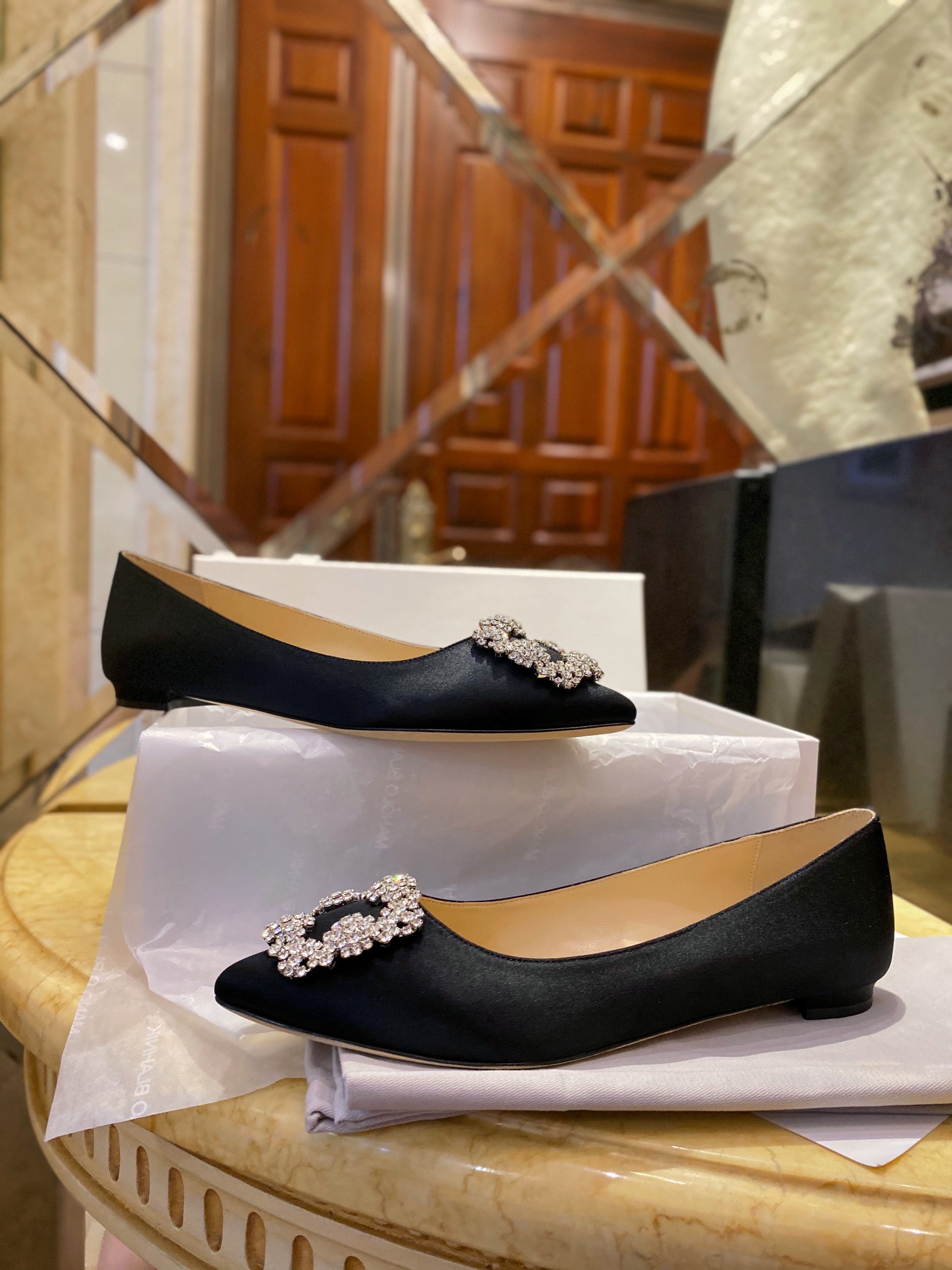 Manolo Blahnik Black Silk White Crystal Flat Shoes