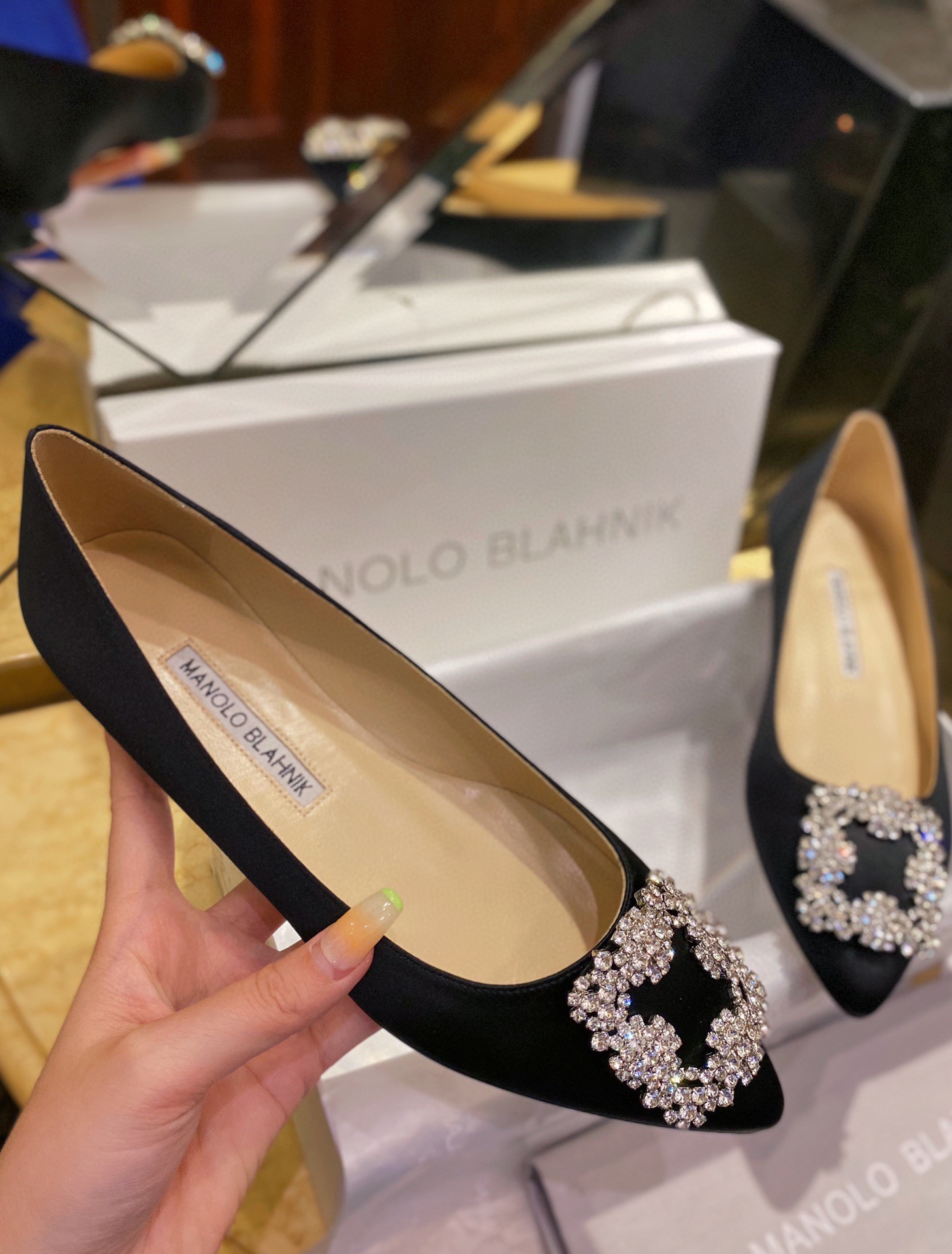 Manolo Blahnik Black Silk White Crystal Flat Shoes