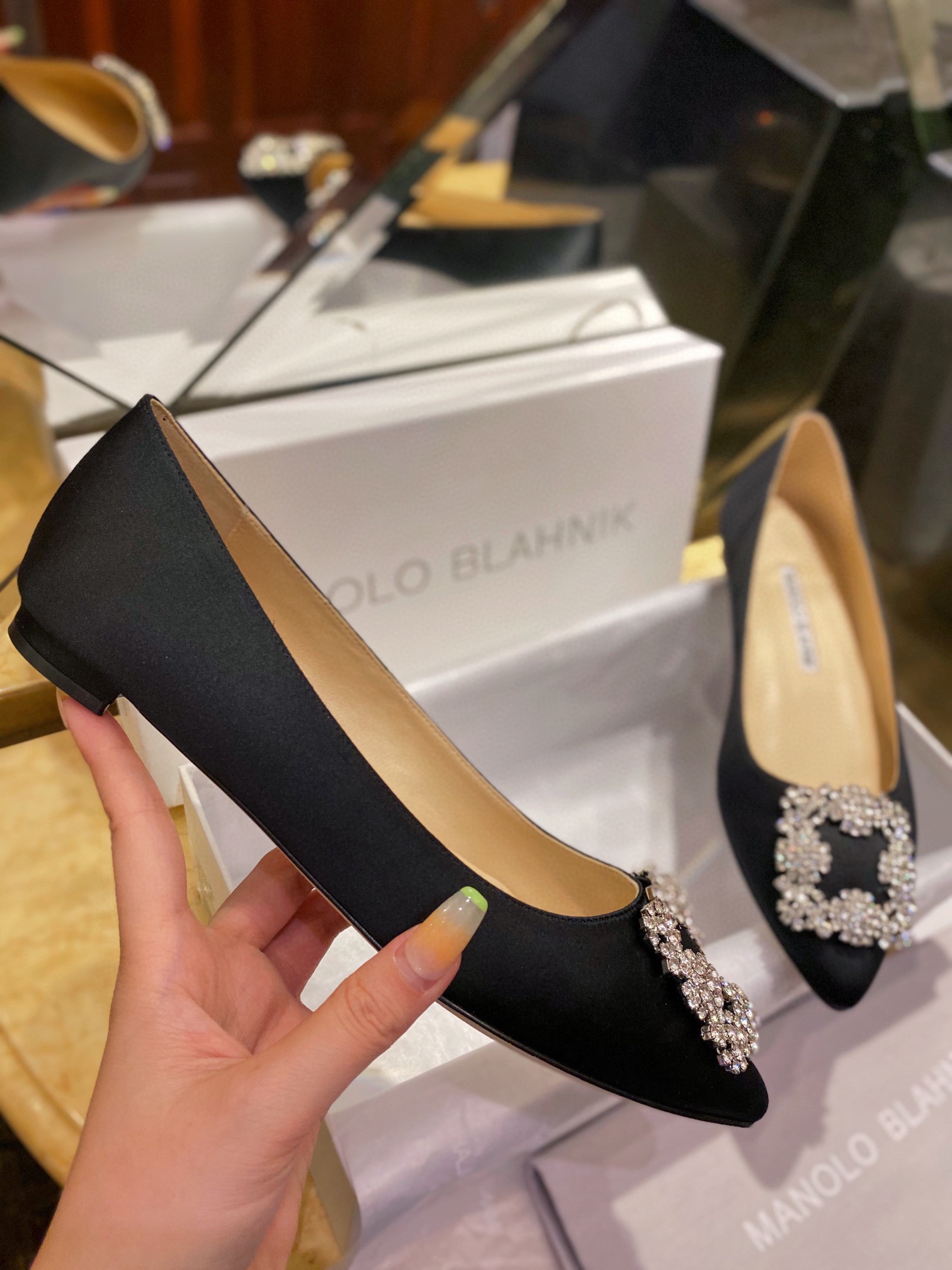 Manolo Blahnik Black Silk White Crystal Flat Shoes