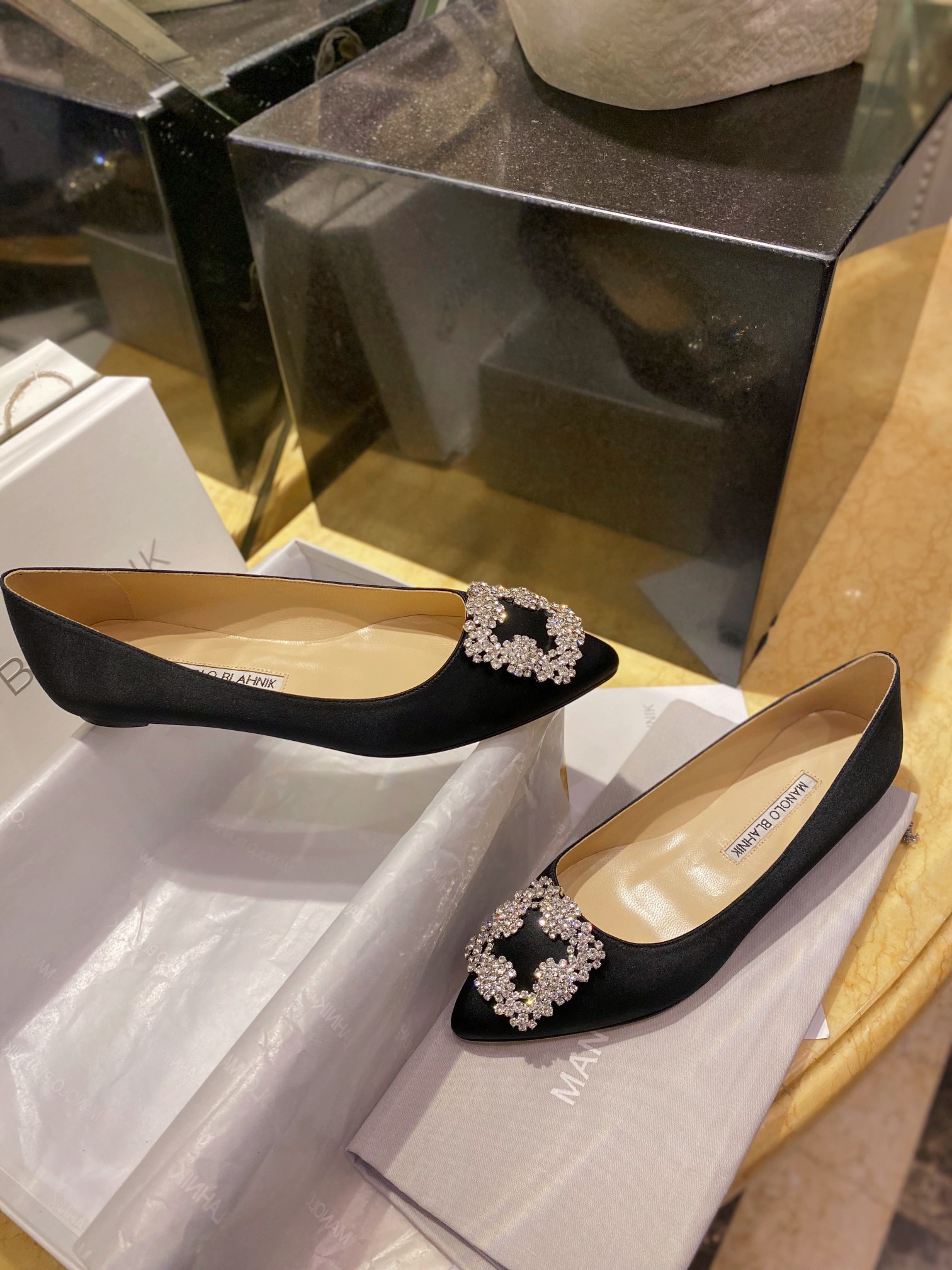 Manolo Blahnik Black Silk White Crystal Flat Shoes