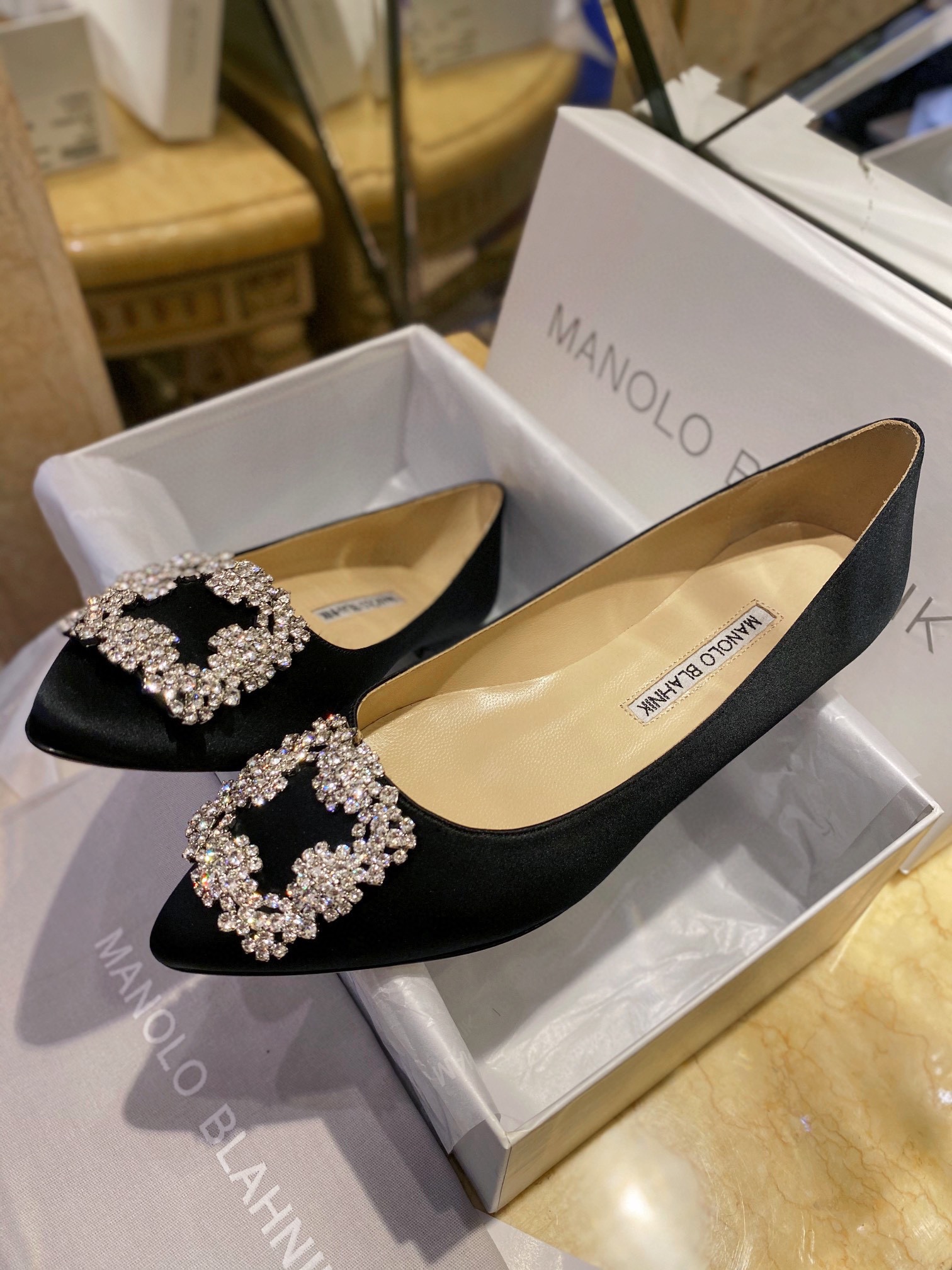 Manolo Blahnik Black Silk White Crystal Flat Shoes