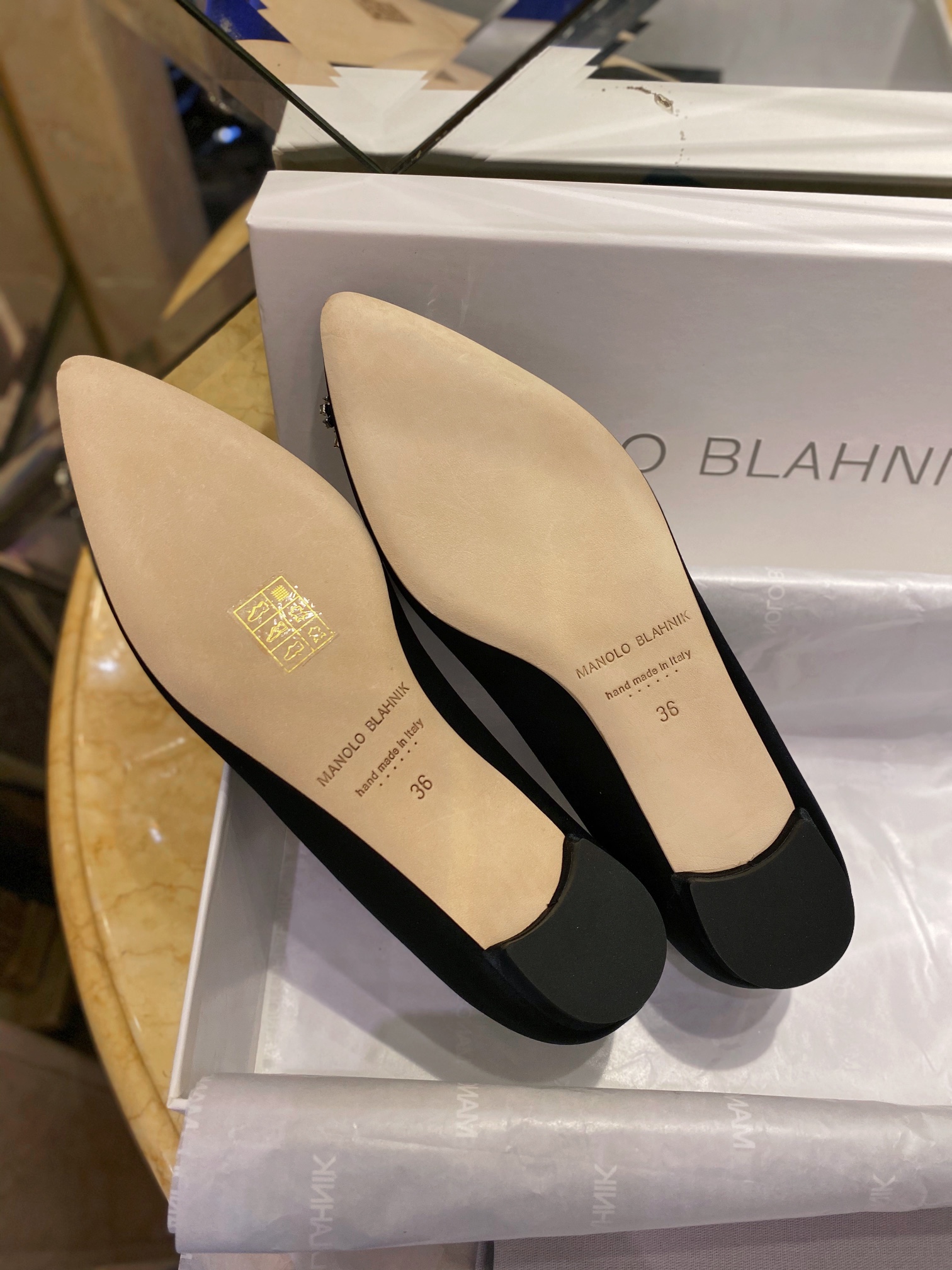 Manolo Blahnik Black Silk White Crystal Flat Shoes