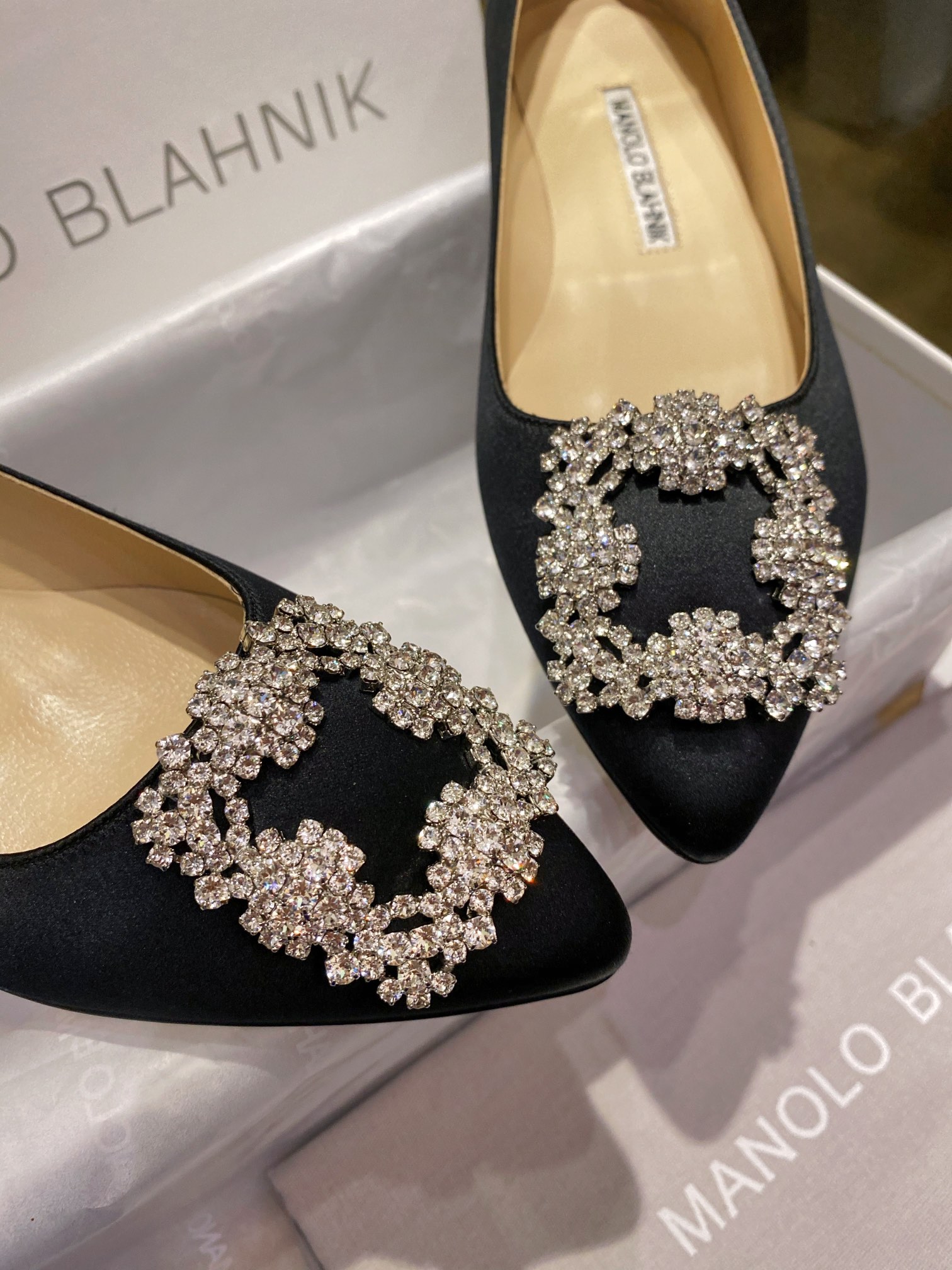 Manolo Blahnik Black Silk White Crystal Flat Shoes