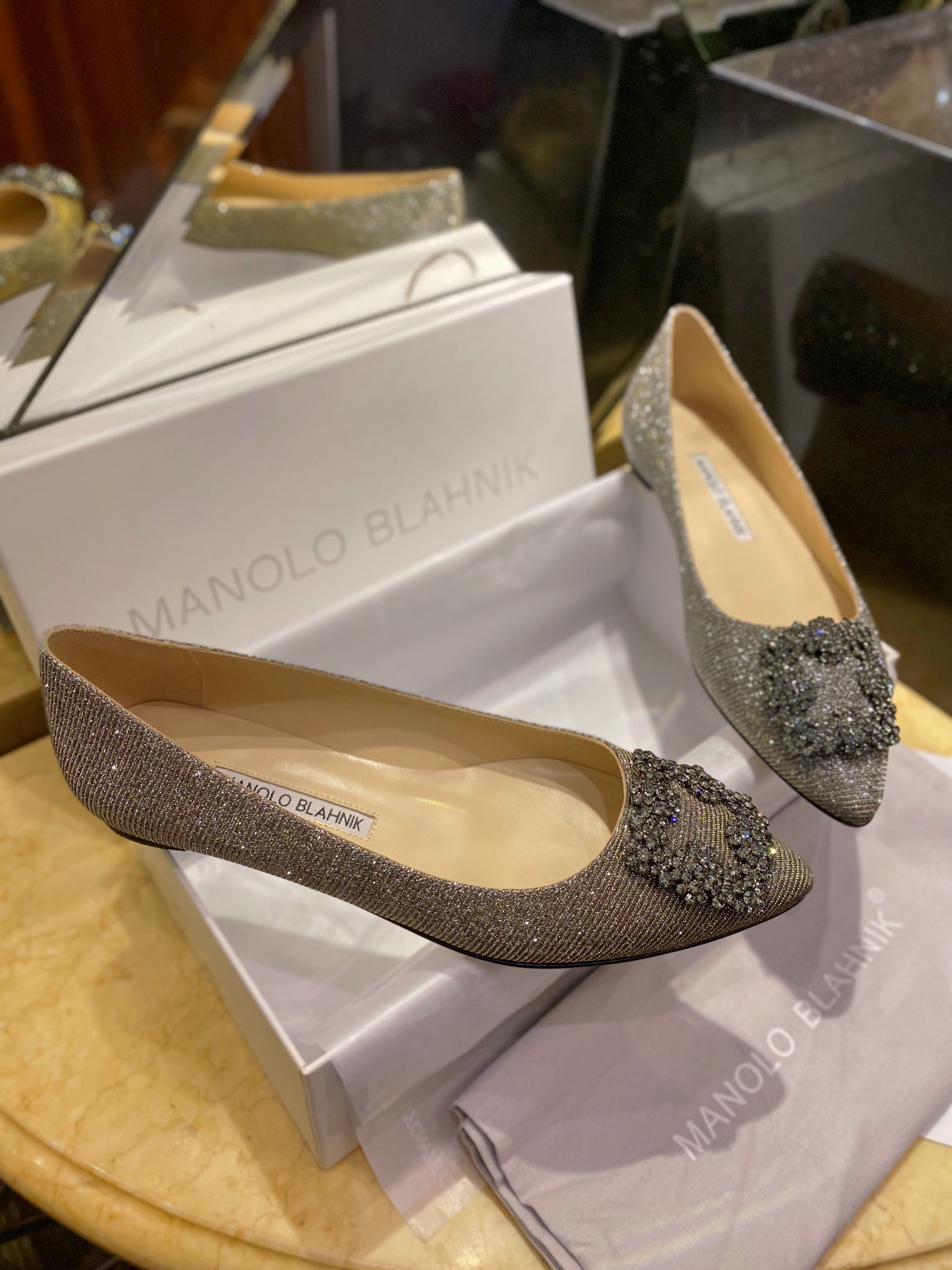 Manolo Blahnik Graceful Diamond Buckle Flat Shoes