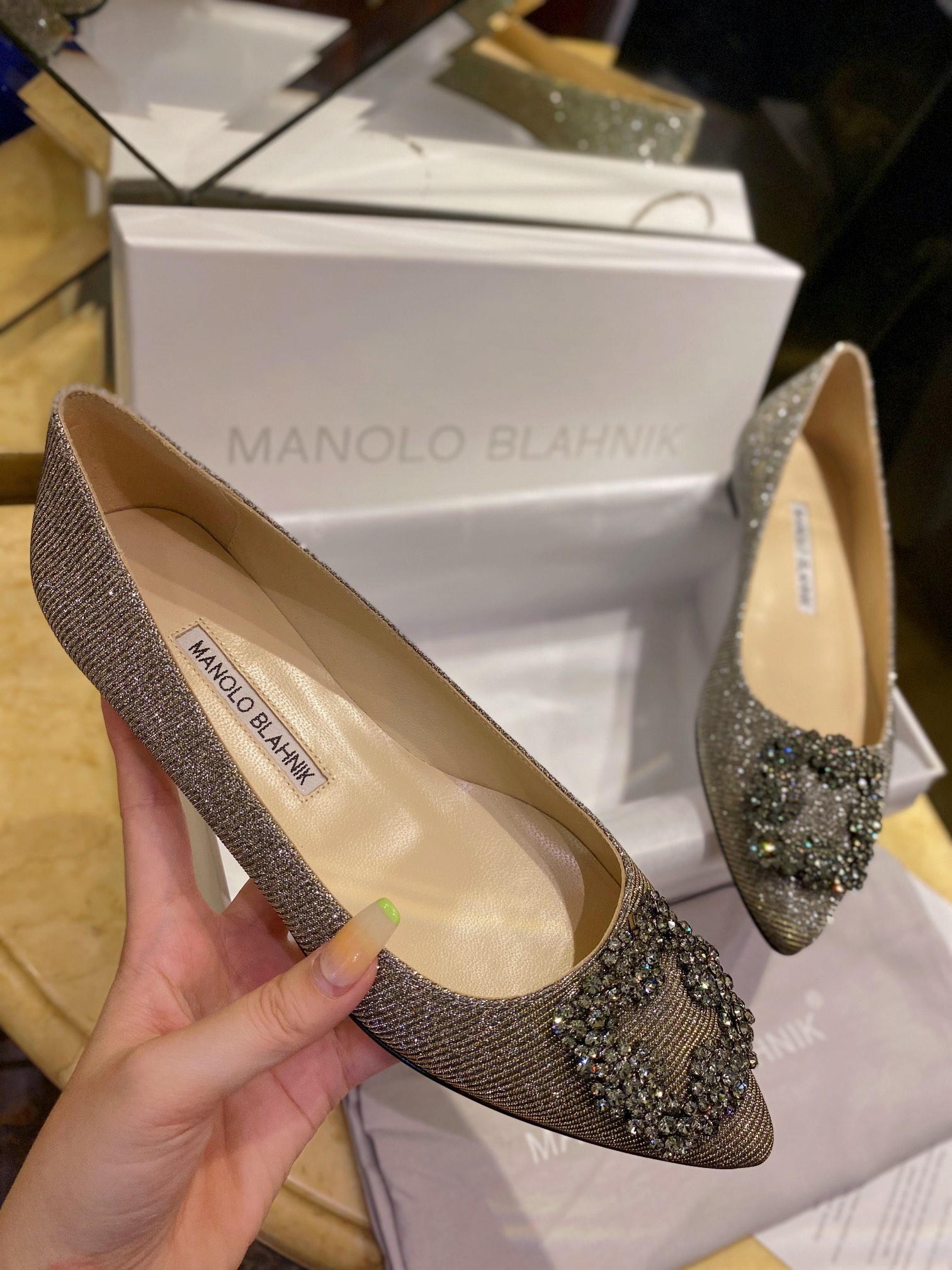 Manolo Blahnik Graceful Diamond Buckle Flat Shoes