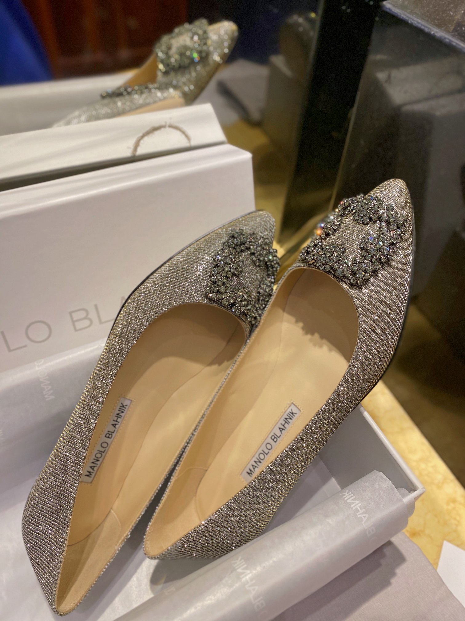 Manolo Blahnik Graceful Diamond Buckle Flat Shoes