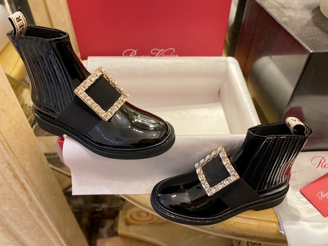 Roger Vivier Crystal Buckle Patent Leather Ankle Boots