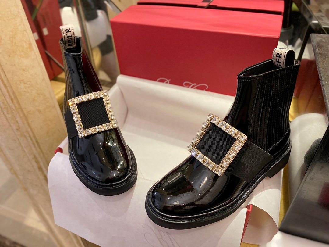 Roger Vivier Crystal Buckle Patent Leather Ankle Boots