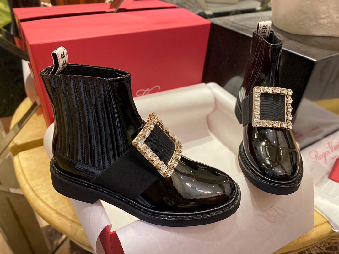 Roger Vivier Crystal Buckle Patent Leather Ankle Boots