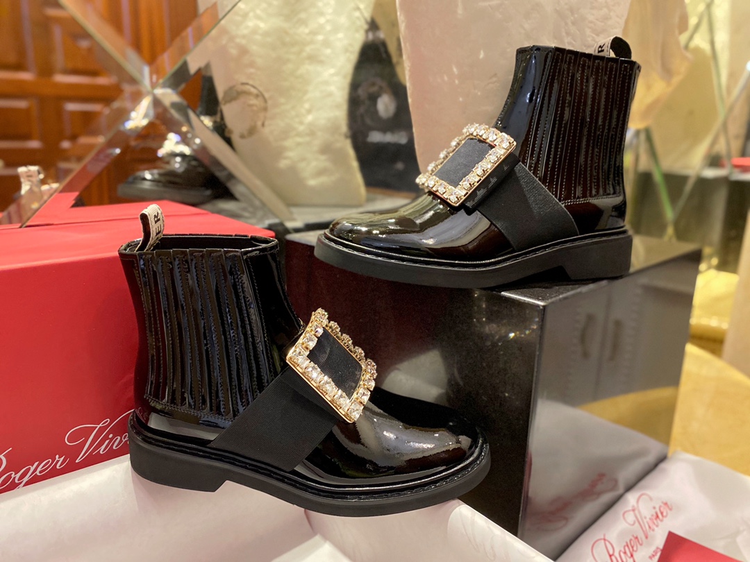 Roger Vivier Crystal Buckle Patent Leather Ankle Boots