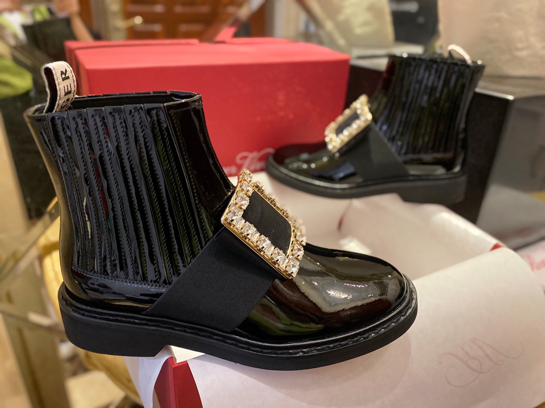 Roger Vivier Crystal Buckle Patent Leather Ankle Boots