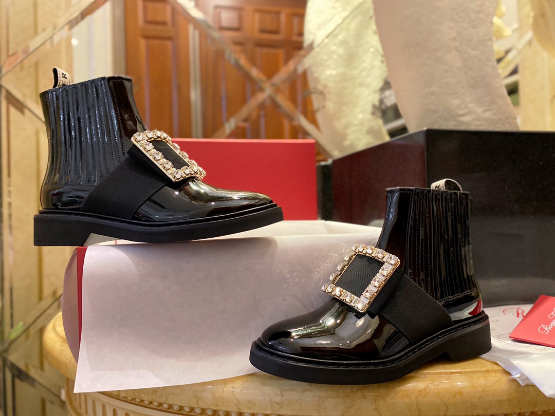 Roger Vivier Crystal Buckle Patent Leather Ankle Boots