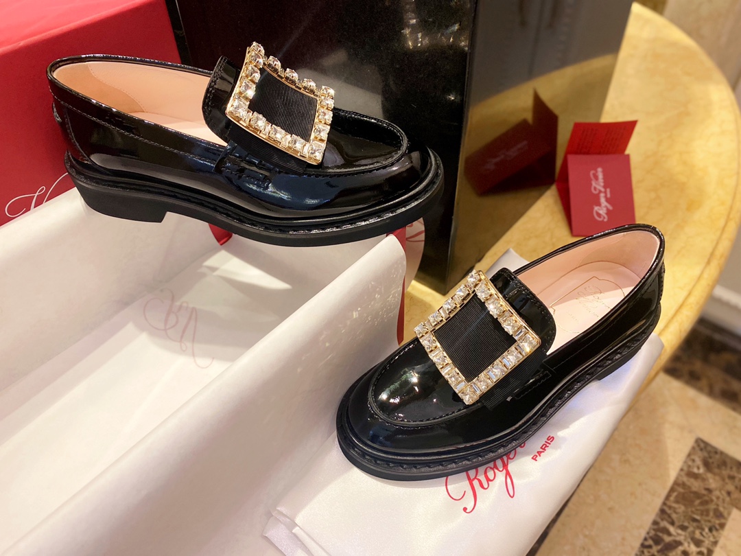 Roger Vivier Water Diamond Patent Leather Loafers, Shiny Black Super Soft Calf Patent Leather, Vacuum Plating 18K Elegant Buckle, Fully Inlaid with Diamonds