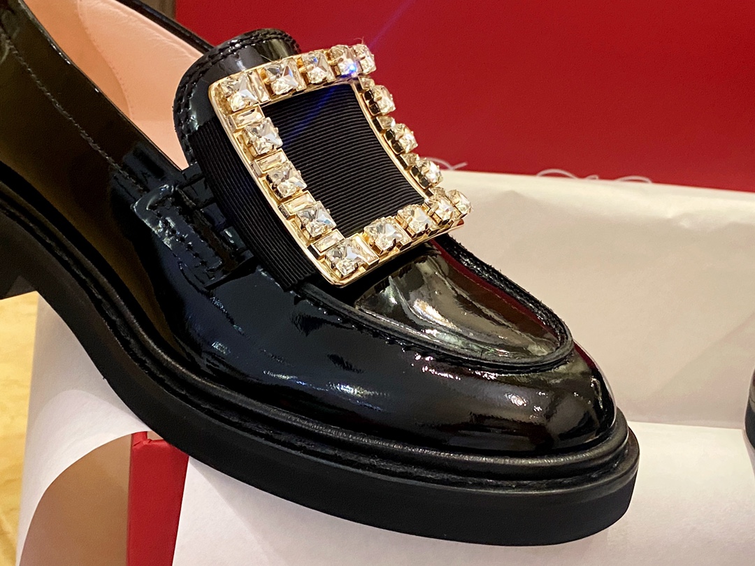 Roger Vivier Water Diamond Patent Leather Loafers, Shiny Black Super Soft Calf Patent Leather, Vacuum Plating 18K Elegant Buckle, Fully Inlaid with Diamonds