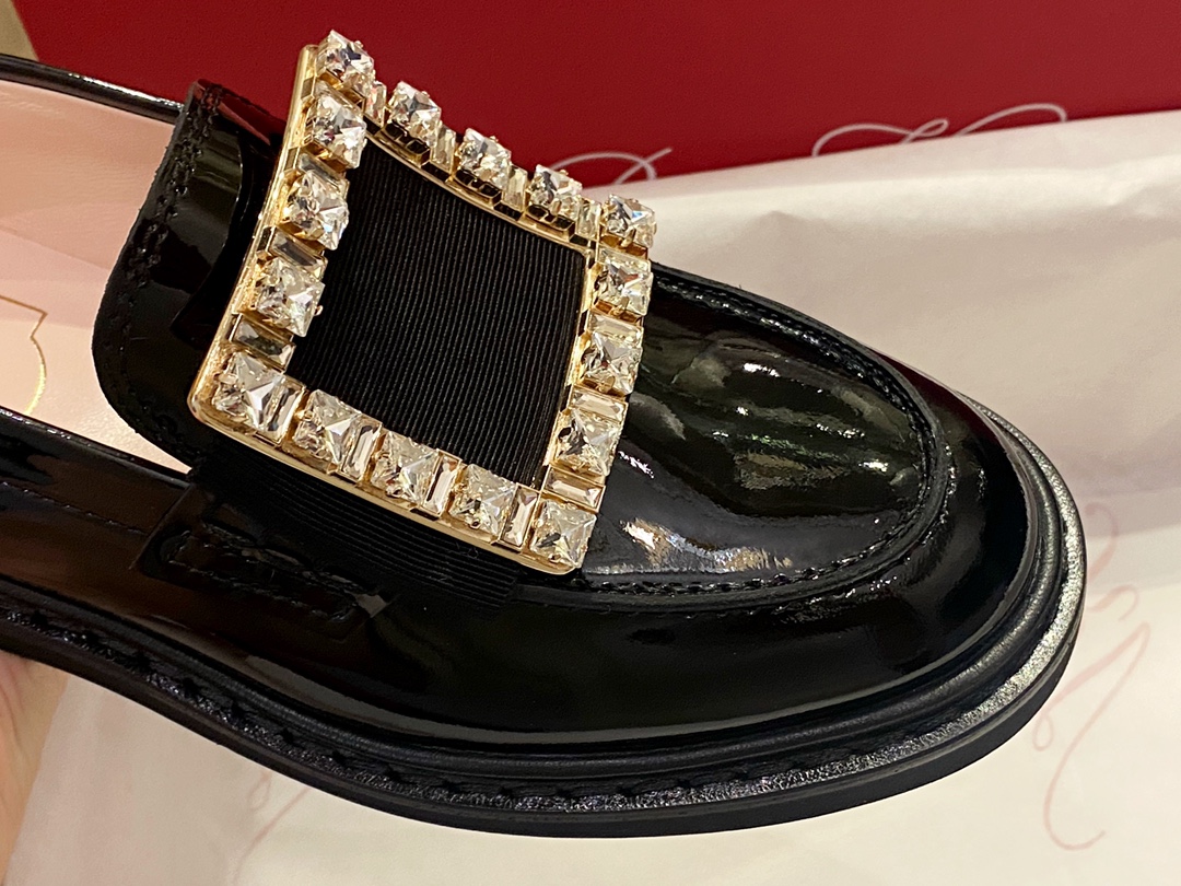 Roger Vivier Water Diamond Patent Leather Loafers, Shiny Black Super Soft Calf Patent Leather, Vacuum Plating 18K Elegant Buckle, Fully Inlaid with Diamonds