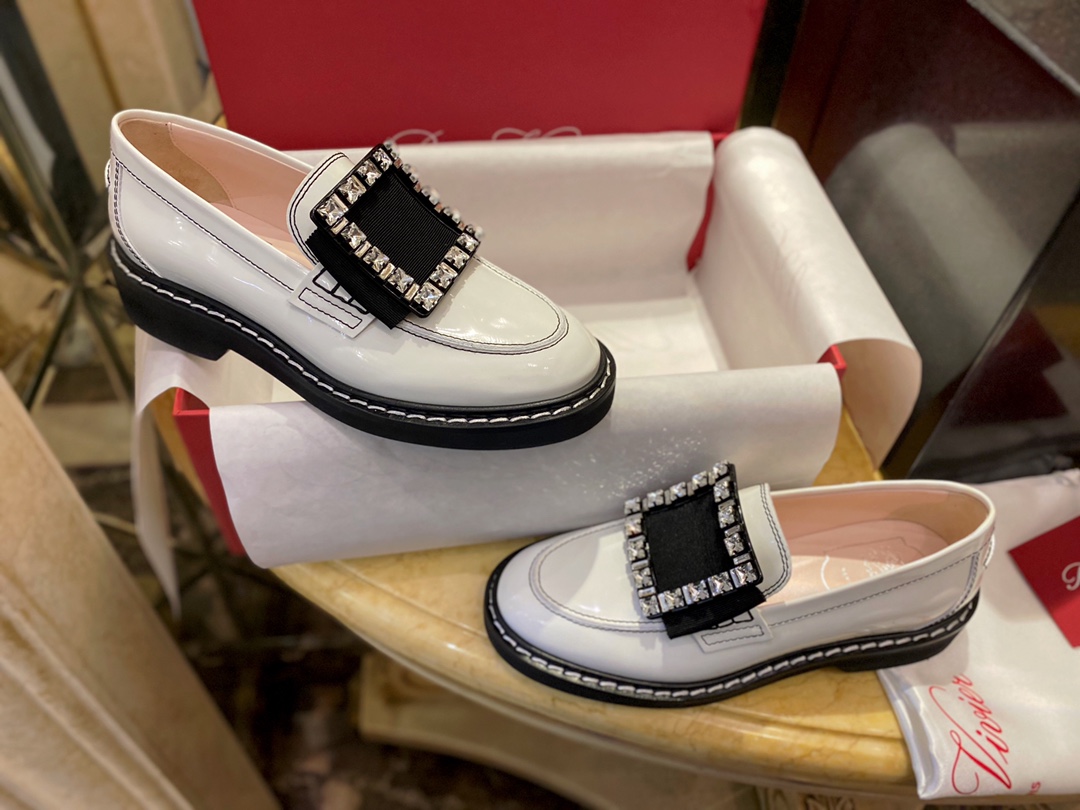 Roger Vivier Water Diamond Buckle Loafers, Openwork Beaded Cowhide, Genuine Leather Edging