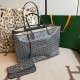 Goyard Isabelle Double-layer Tote Shopping Bag features two large shopping compartments with a magnetic snap closure calfskin divider in the middle, perfect for storing cards and cash for easy access. Size:25*14*35cm. 