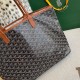 Goyard Isabelle Double-layer Tote Shopping Bag features two large shopping compartments with a magnetic snap closure calfskin divider in the middle, perfect for storing cards and cash for easy access. Size:25*14*35cm. 