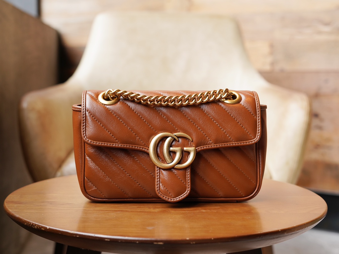 Gucci Marmont Caramel Mini, Brown Twill Stitched Leather