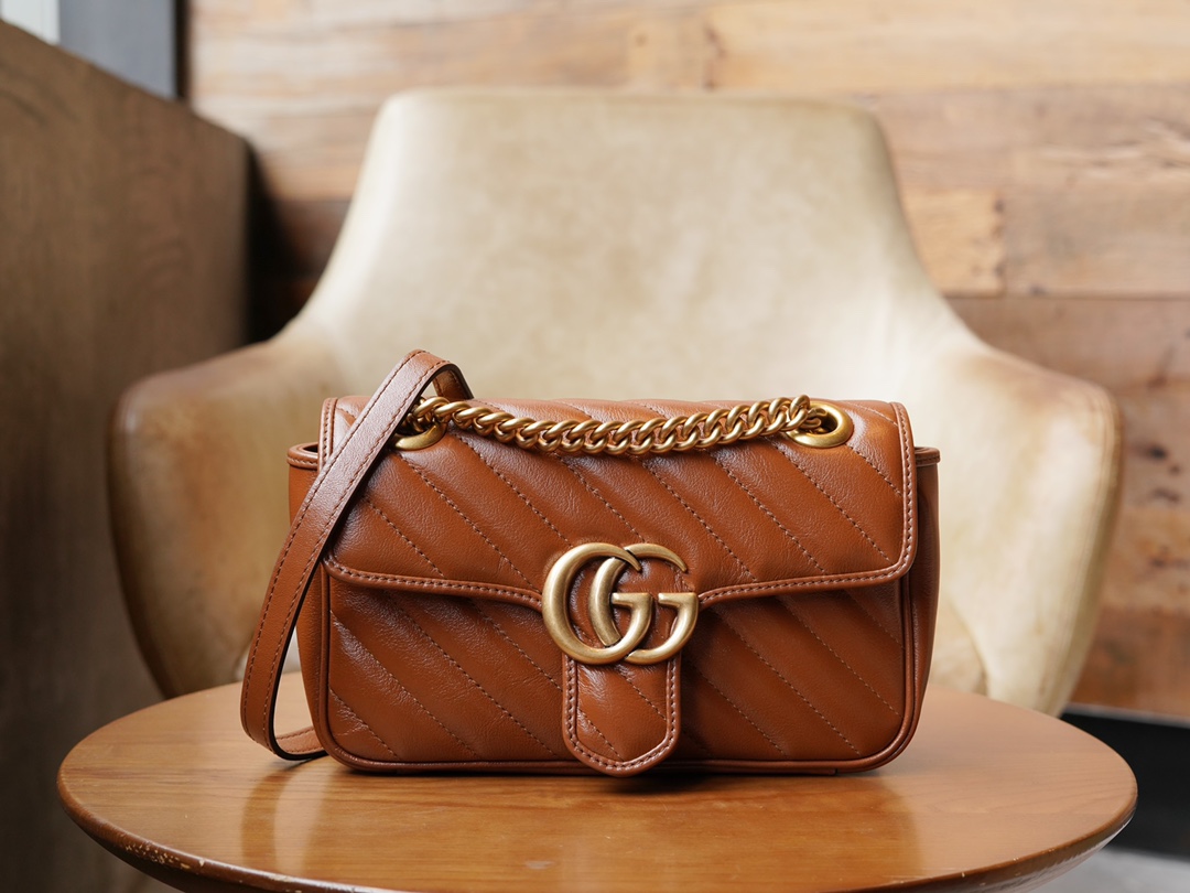 Gucci Marmont Caramel Mini, Brown Twill Stitched Leather