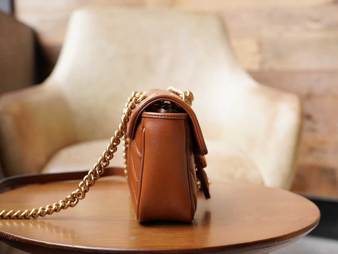 Gucci Marmont Caramel Mini, Brown Twill Stitched Leather