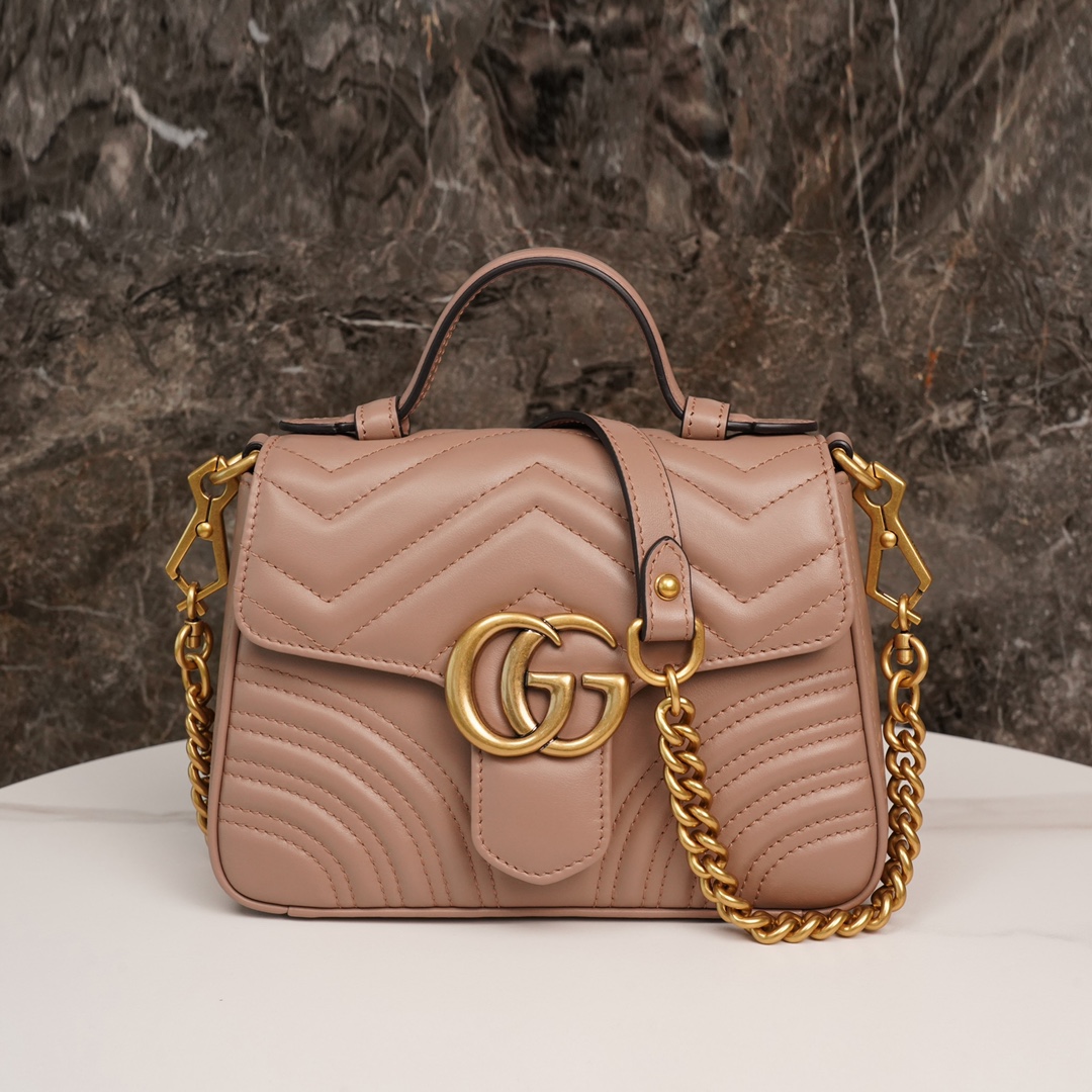 Gucci Marmont Messenger Bag in Milk Tea Brown Small, featuring leather top handle and chain shoulder strap, stitched V-shaped leather material