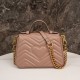 Gucci Marmont Messenger Bag in Milk Tea Brown Small, featuring leather top handle and chain shoulder strap, stitched V-shaped leather material