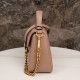 Gucci Marmont Messenger Bag in Milk Tea Brown Small, featuring leather top handle and chain shoulder strap, stitched V-shaped leather material