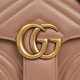 Gucci Marmont Messenger Bag in Milk Tea Brown Small, featuring leather top handle and chain shoulder strap, stitched V-shaped leather material