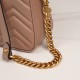 Gucci Marmont Messenger Bag in Milk Tea Brown Small, featuring leather top handle and chain shoulder strap, stitched V-shaped leather material