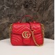 Gucci Marmont Messenger Bag in Large Red, Small Size, with Leather Top Handle and Chain Shoulder Strap, Stitched V-Shaped Leather Material