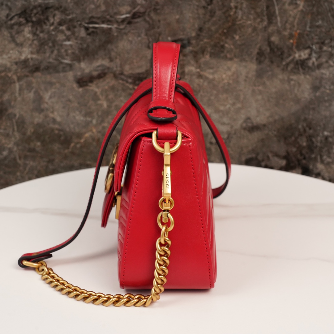 Gucci Marmont Messenger Bag in Large Red, Small Size, with Leather Top Handle and Chain Shoulder Strap, Stitched V-Shaped Leather Material