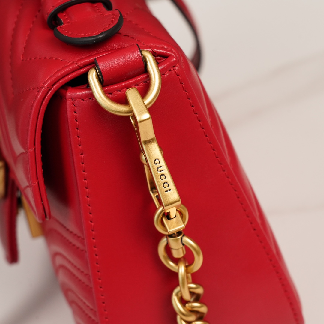 Gucci Marmont Messenger Bag in Large Red, Small Size, with Leather Top Handle and Chain Shoulder Strap, Stitched V-Shaped Leather Material