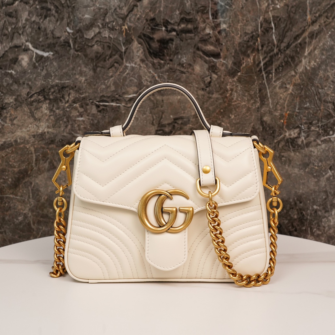 Gucci Marmont Messenger Bag in White, Small Size, with Leather Top Handle and Chain Shoulder Strap, Stitched V-Shaped Leather Material