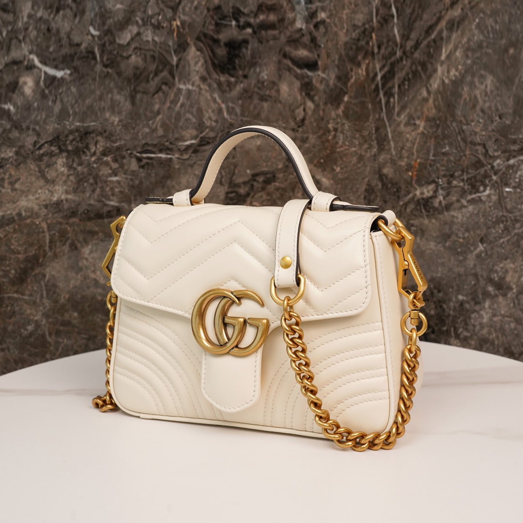 Gucci Marmont Messenger Bag in White, Small Size, with Leather Top Handle and Chain Shoulder Strap, Stitched V-Shaped Leather Material