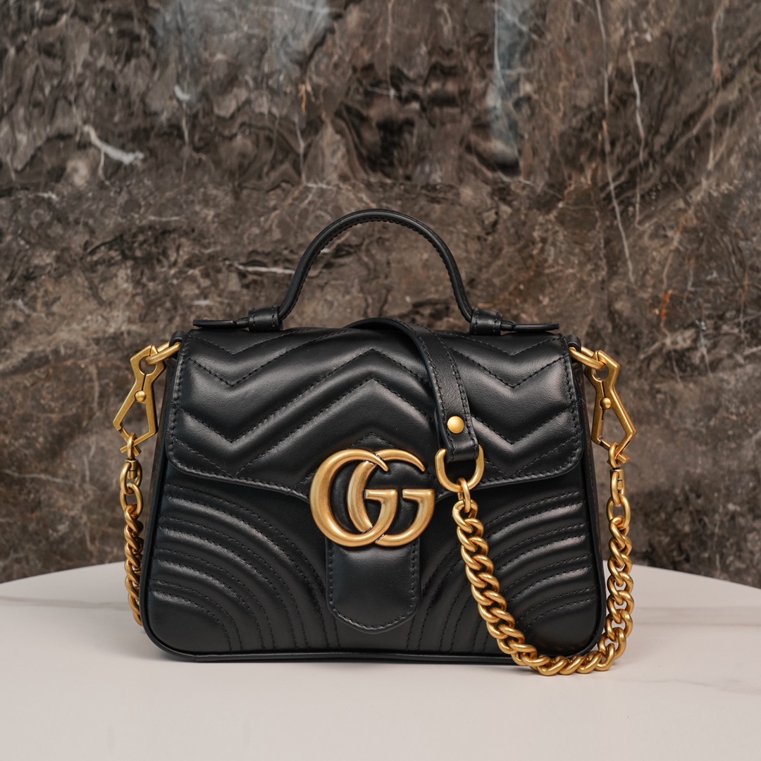 Gucci Marmont Messenger Bag in Black, Small Size, with Leather Top Handle and Chain Shoulder Strap, Stitched V-Shaped Leather Material