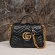 Gucci Marmont Messenger Bag in Black, Small Size, with Leather Top Handle and Chain Shoulder Strap, Stitched V-Shaped Leather Material