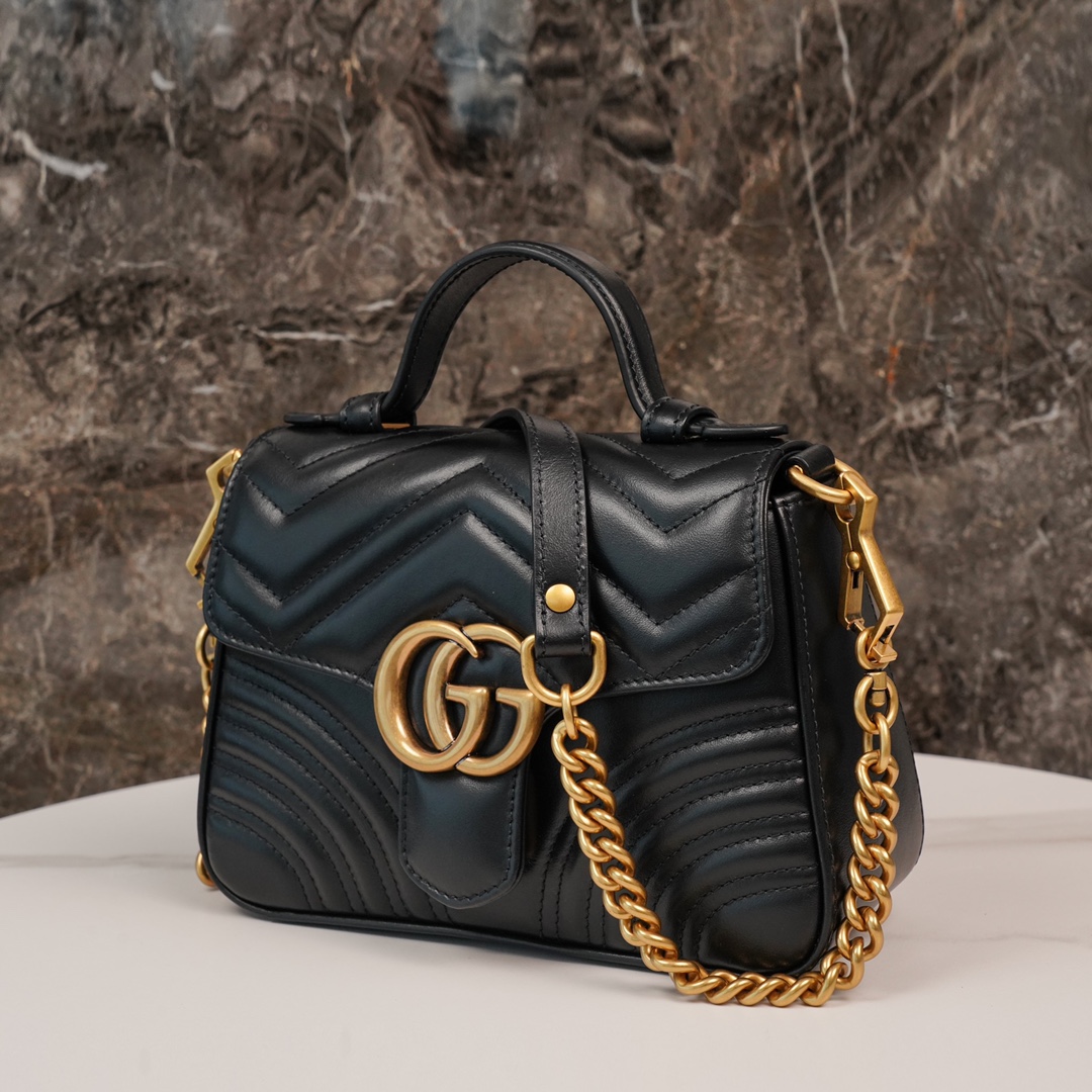 Gucci Marmont Messenger Bag in Black, Small Size, with Leather Top Handle and Chain Shoulder Strap, Stitched V-Shaped Leather Material