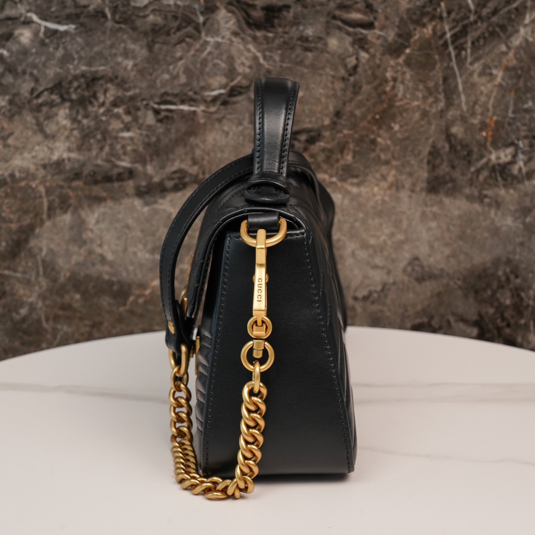 Gucci Marmont Messenger Bag in Black, Small Size, with Leather Top Handle and Chain Shoulder Strap, Stitched V-Shaped Leather Material