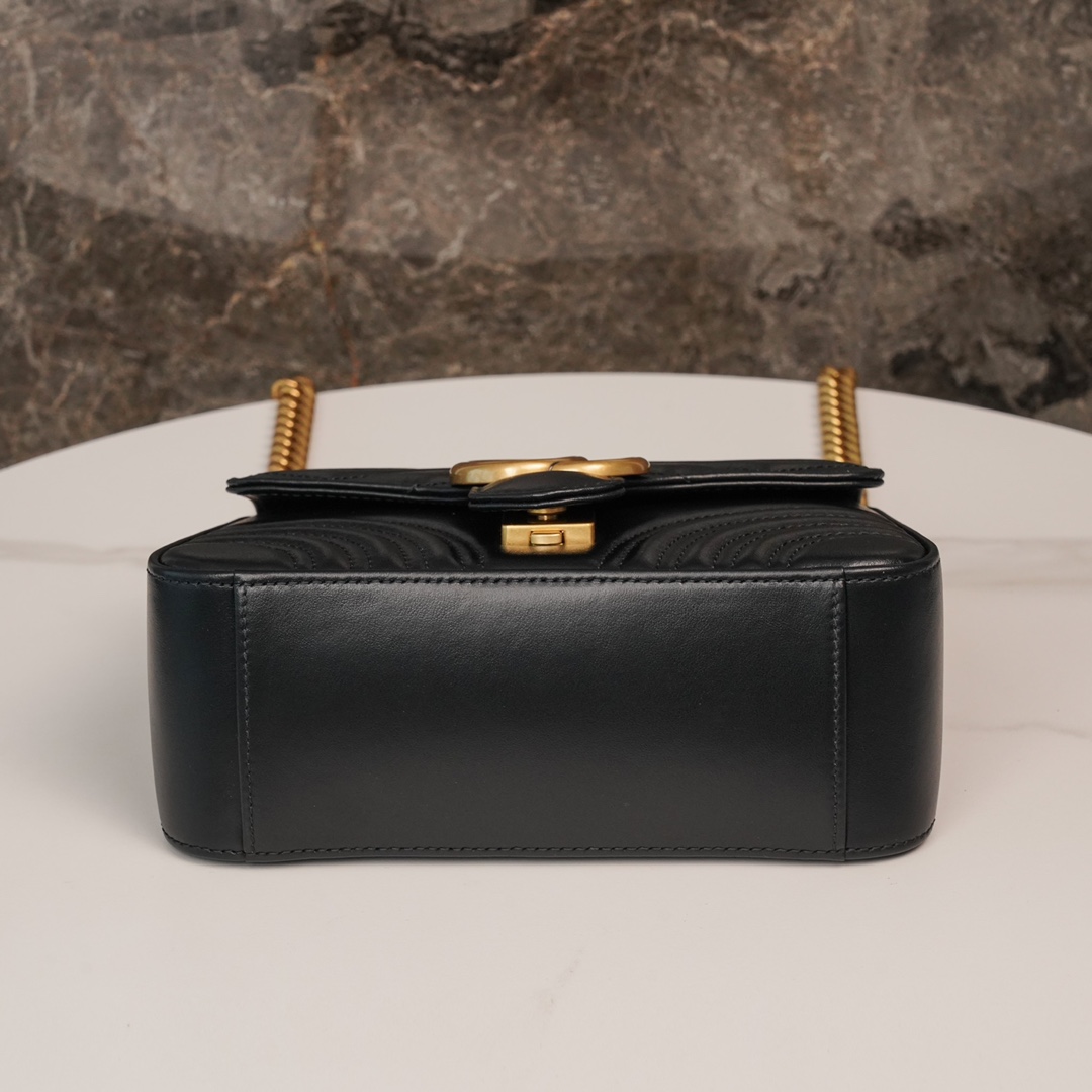 Gucci Marmont Messenger Bag in Black, Small Size, with Leather Top Handle and Chain Shoulder Strap, Stitched V-Shaped Leather Material