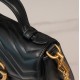 Gucci Marmont Messenger Bag in Black, Small Size, with Leather Top Handle and Chain Shoulder Strap, Stitched V-Shaped Leather Material