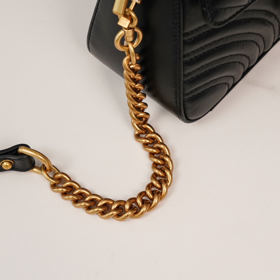 Gucci Marmont Messenger Bag in Black, Small Size, with Leather Top Handle and Chain Shoulder Strap, Stitched V-Shaped Leather Material